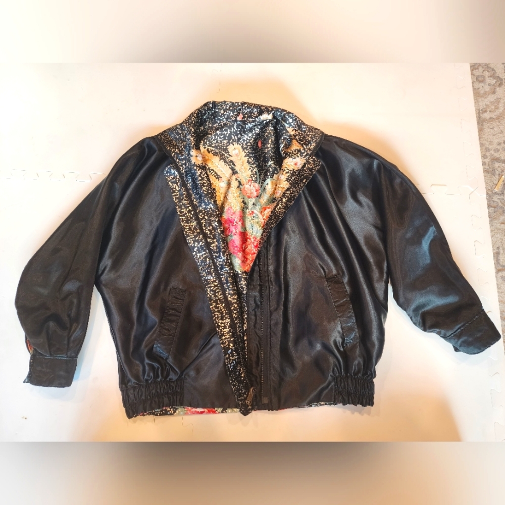Vintage reversible bomber black jacket metallic floral black Jella couture